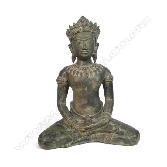 HEAVY KMER STYLE BRONZED STATUE OF BUDDHA SEATING IN A MEDITATIVE POSTURE (MUDRA),GOLDEN BRONZE HIGHLIGHTS H.480 X 360MM