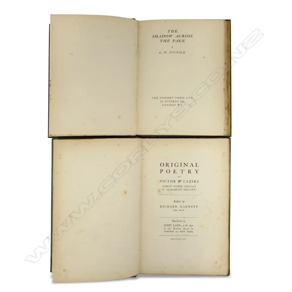 2 EARLY 1ST EDITION FICTION: STONIER ‘THE SHADOW ACROSS THE PAGE’ 1937 +SHELLEY 'ORIGINAL POETRY...VICTOR & CAZIRE' 1898 Image 1++