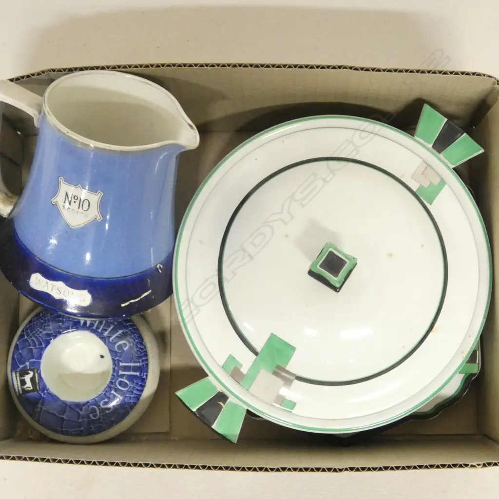 SHELLEY CHINA ART DECO LIDDED TURREEN & CAKE PLATE WITH SCOTCH WISKEY ADVERTIZING JUG & VESTA Image 1++