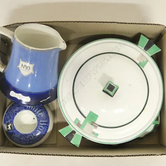 SHELLEY CHINA ART DECO LIDDED TURREEN & CAKE PLATE WITH SCOTCH WISKEY ADVERTIZING JUG & VESTA
