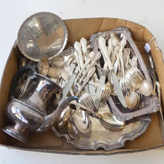 BOX OF SILVER PLATE TRAYS CUTLERY ETC
