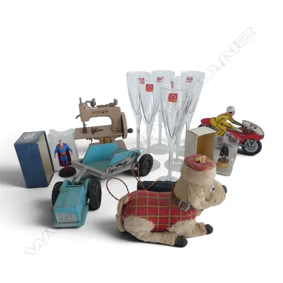 7 ITEMS; FUN HO GRADER TRUCK L.285mm, MINIATURE SINGER SEWING MACHINE, 6 RCR CHAMPAGNE FLUTES, JAPAN MOTOCYCLIST ETC