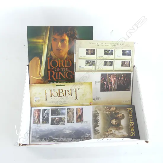 2 THE HOBBIT FIRST DAY COVERS, THE LORD OF THE RINGS MOVIE GUIDE & SEALED FELLOWSHIP OF THE RING VHS