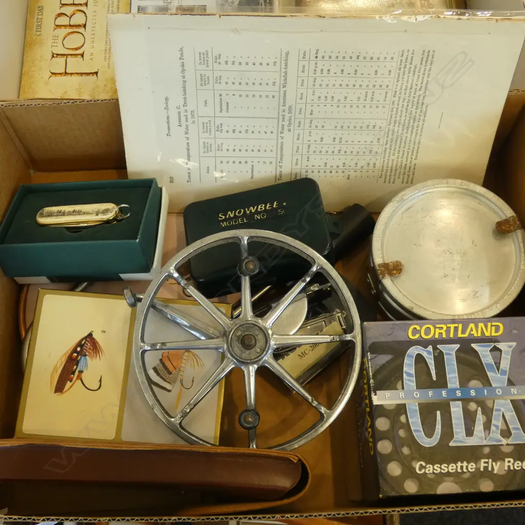 SMALL BOX OF FISHING RELATED ITEMS  SCALES FLYS CONTAINERS ETC Image 1++