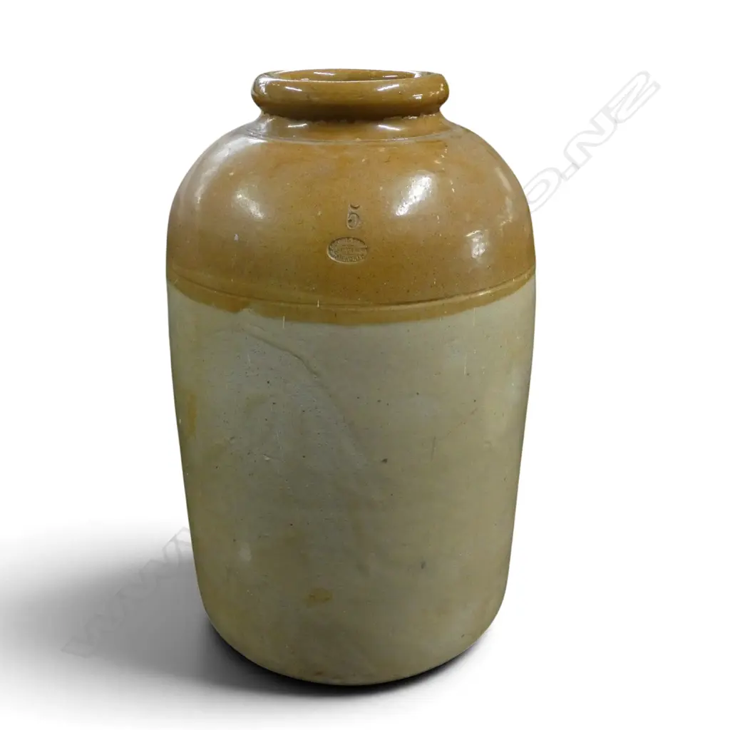 LARGE VINTAGE CERAMIC CROCK dipped in brown glaze. Branded to side H.470mm Image 1++