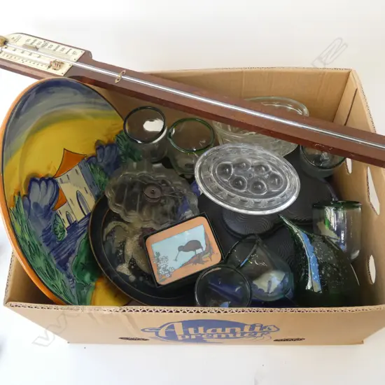 ASST. GLASSWARE, HAND PAINTED PLATES, BAROMETER H.900mm