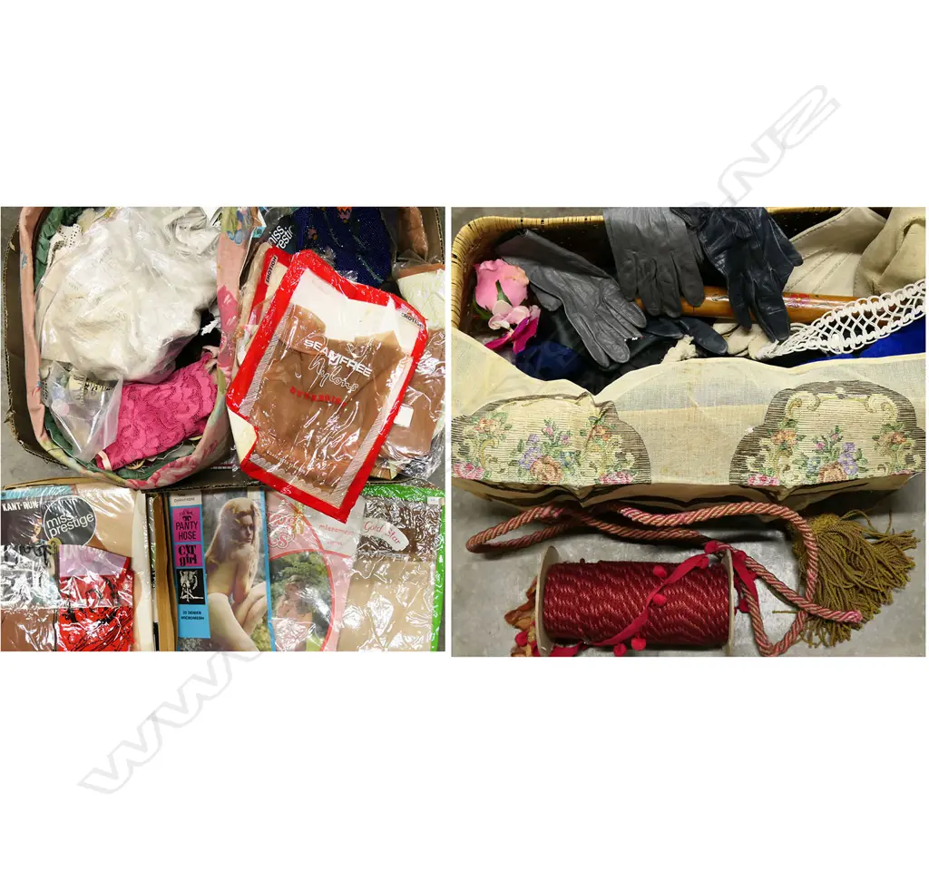 2 BOXES OF ASST. NYLONS, GLOVES, SEWING, etc Image 1++