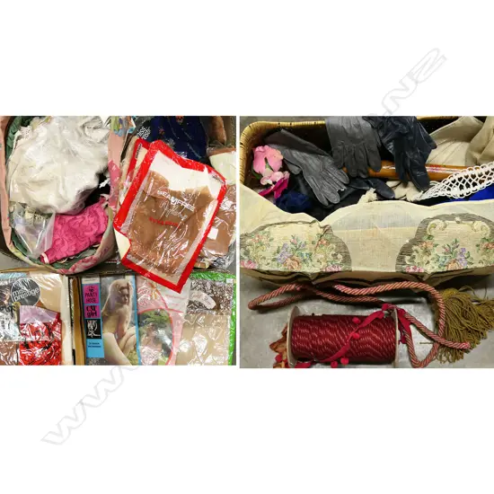 2 BOXES OF ASST. NYLONS, GLOVES, SEWING, etc