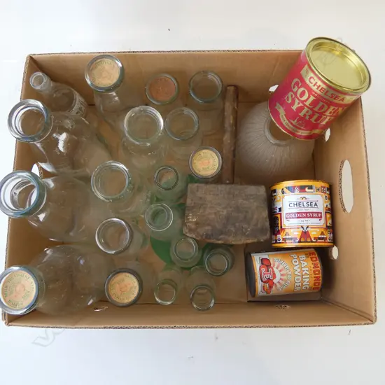 VINTAGE MILK BOTTLES, TINS ETC