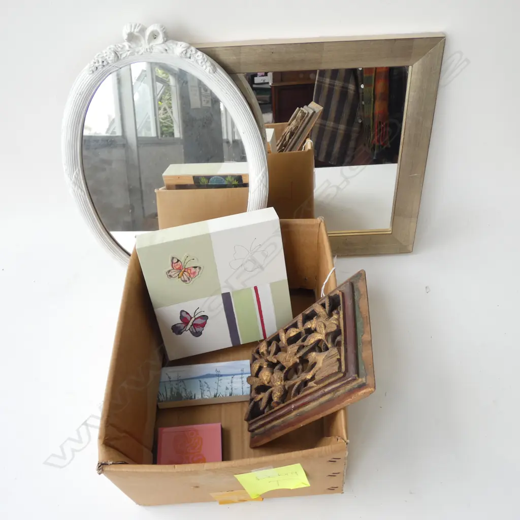 TWO SMALL WALL MIRRORS, SMALL ARTWORK TILES AND A CARVED CHINESE PANEL Image 1++