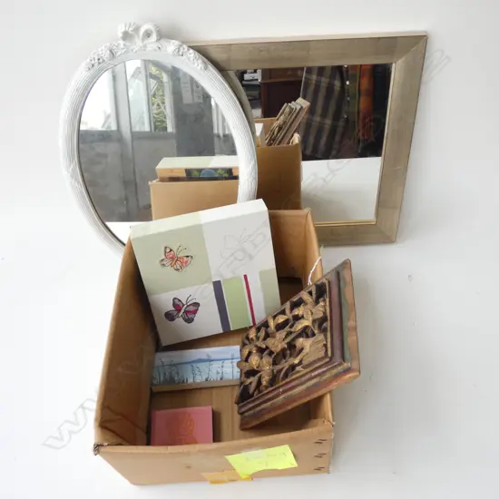TWO SMALL WALL MIRRORS, SMALL ARTWORK TILES AND A CARVED CHINESE PANEL