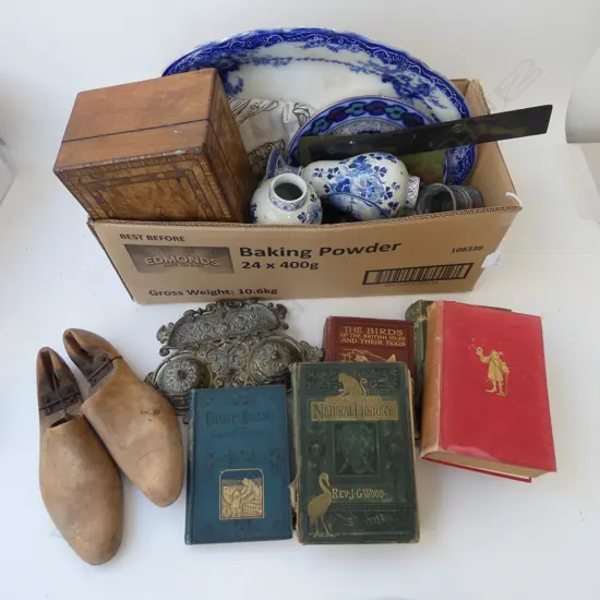 CERAMICS INCL. PR DELFT VASES AF, INLAID BOX (& CONTENTS), BOOKS, PR WOODEN SHOE LASTS ETC