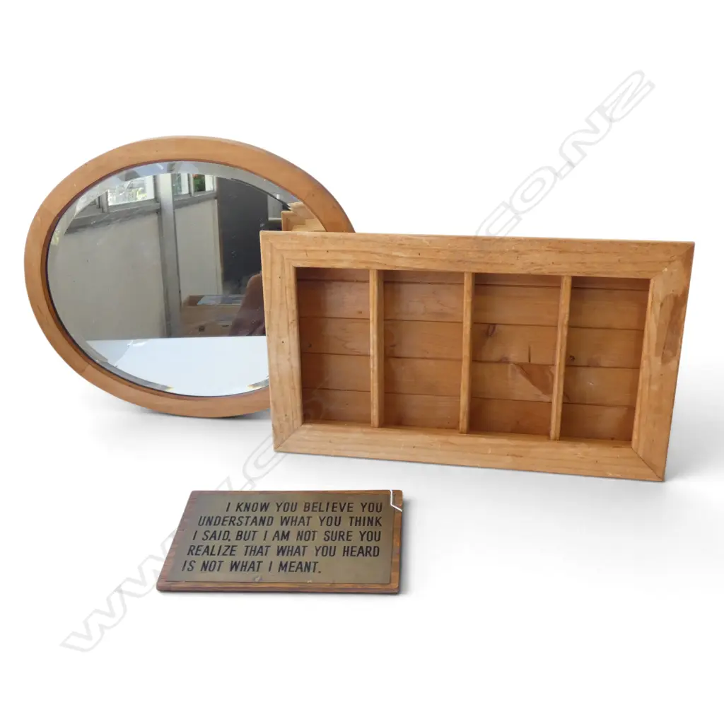 3 ITEMS; BRASS SIGN 190x320mm, OVAL MIRROR 560x465mm, WOODEN SHELVES 600x355mm Image 1++
