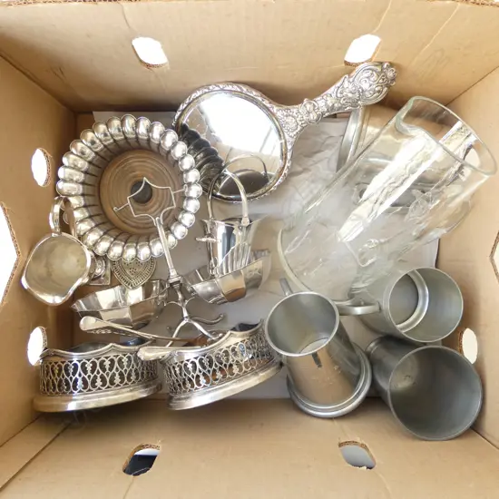 BOX OF ASST. SILVER PLATE Incl. VANITY MIRROR, 3 WINE COASTERS etc