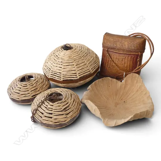 5 ITEMS; 3 LIGHT FITTINGS (500mm dia), WOVEN BACK PACK, WOODEN BOWL 