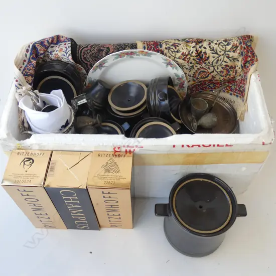 DENBY CHINA, 3 RITZENHOFF CHAMPAGNE GLASSES, FABRIC ETC