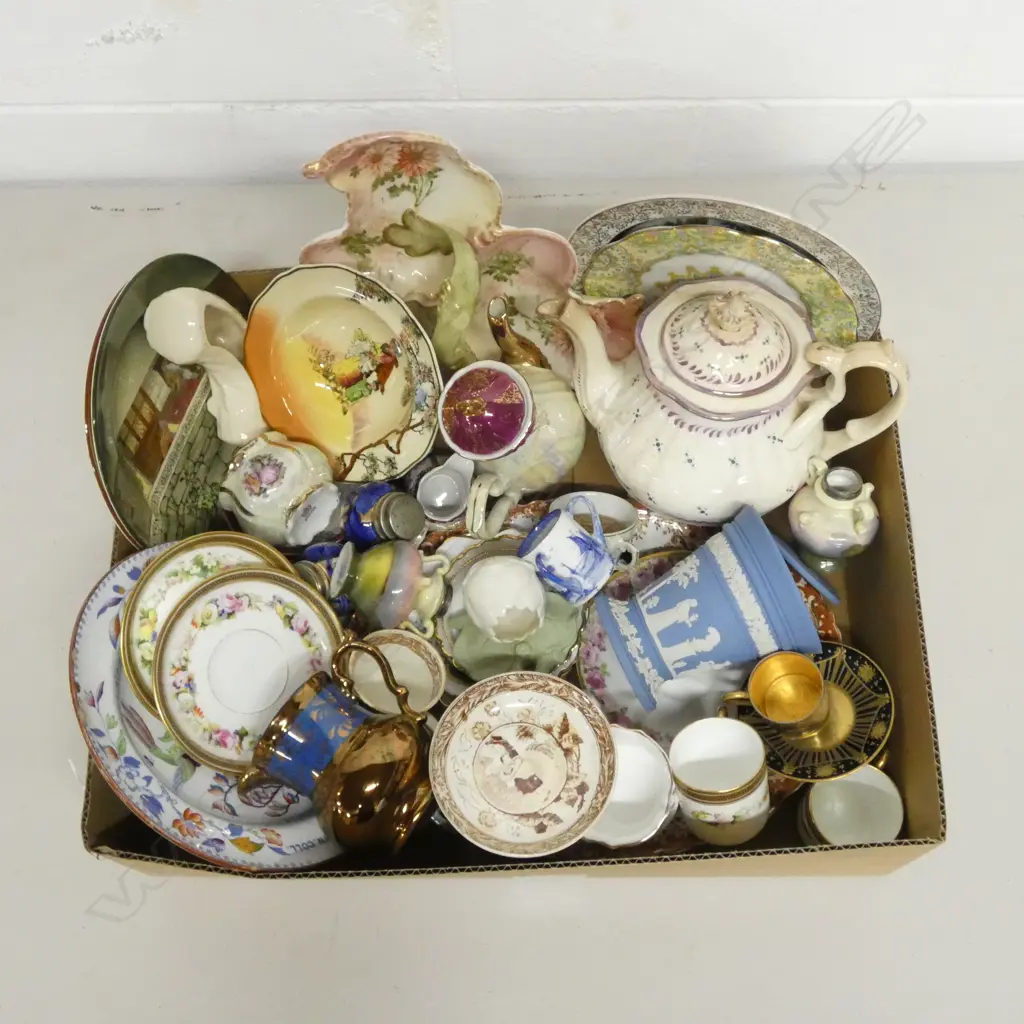 BOX OF ASST. COLLECTIBLES, STONEWARE & CHINA Image 1++