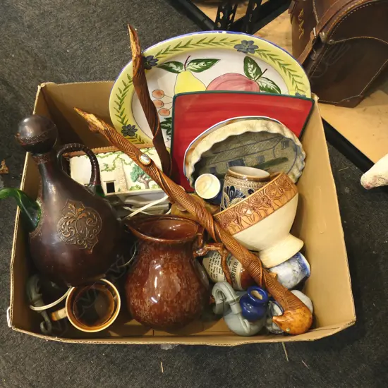 BOX OF ASST. COLLECTIBLES, STONEWARE & CHINA...