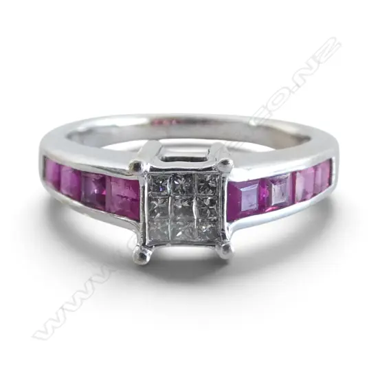 10CT WG DIAMOND & RUBY STONE RING 3.2gms SIZE J1/2