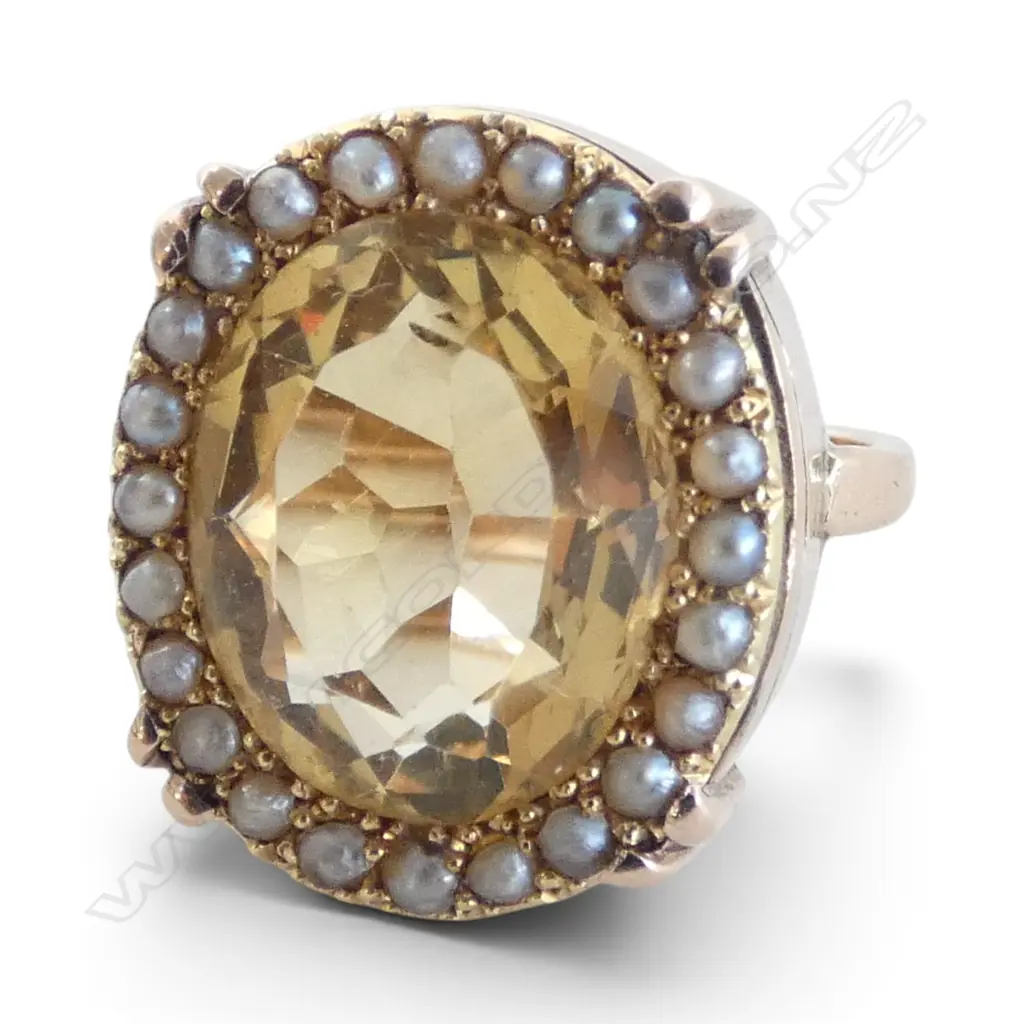9ct GOLD & CITRINE RING w. 18ct & SEED PEARL BEVEL 6.42gms SIZE L Image 1++