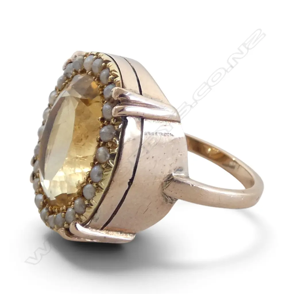 9ct GOLD & CITRINE RING w. 18ct & SEED PEARL BEVEL 6.42gms SIZE L Image 1++