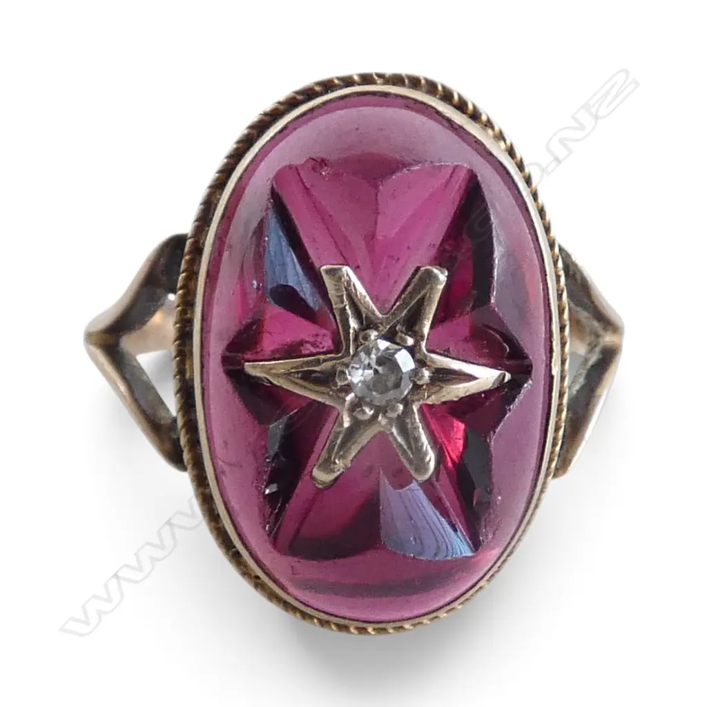 ANTIQUE 15ct ROSE GOLD & ALMANDINE GARNET CABOCHON RING star cut w star mount. 3.1gms SIZE G Image 1++