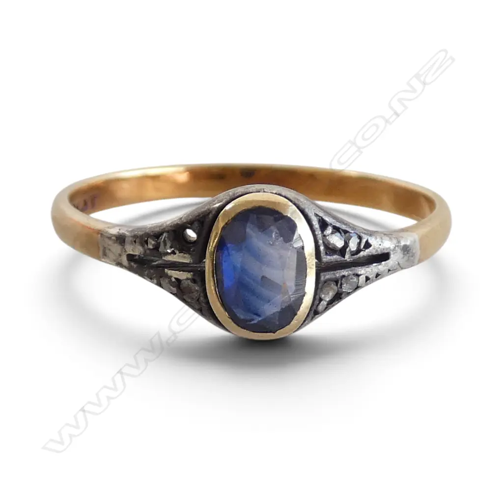 18ct YELLOW GOLD & PLATINUM MOUNT SAPPHIRE RING 2gms SMALL DIAMOND MISSING SIZE Q Image 1++