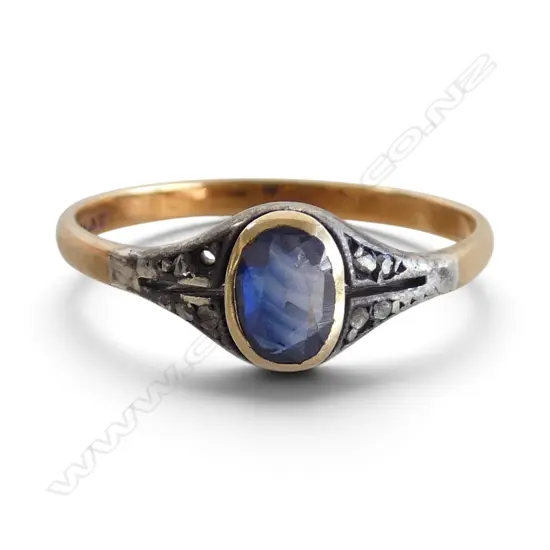 18ct YELLOW GOLD & PLATINUM MOUNT SAPPHIRE RING 2gms SMALL DIAMOND MISSING SIZE Q