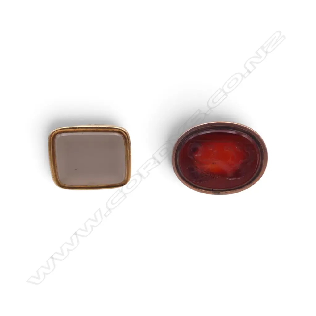 2 FOB SEALS, CLEAR STONE AGATE? with HEAVY GOLD PLATE H.30mm 9.5gms, CARNELIAN PLATED Image 1++