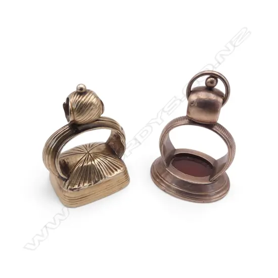 2 FOB SEALS, CLEAR STONE AGATE? with HEAVY GOLD PLATE H.30mm 9.5gms, CARNELIAN PLATED