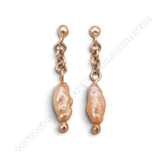 PR 9ct GOLD & PEACH BLISTER PEARL DROP EARRINGS 1.1gms