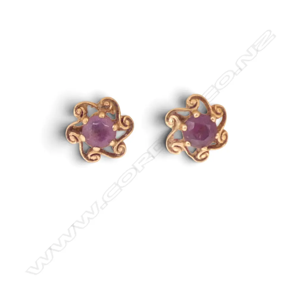 PR 9CT AMETHYST STUDS, .97gms, one butterfly missing, Dia.8mm Image 1++