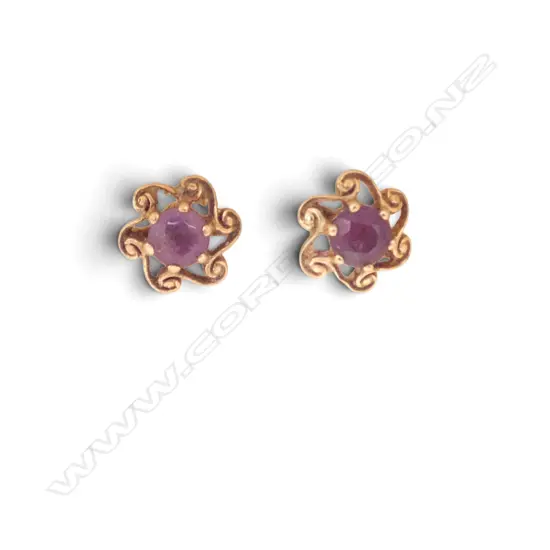 PR 9CT AMETHYST STUDS, .97gms, one butterfly missing, Dia.8mm