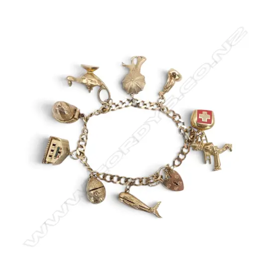 9ct GOLD CHARM BRACELET w 10 CHARMS, 28.67gm
