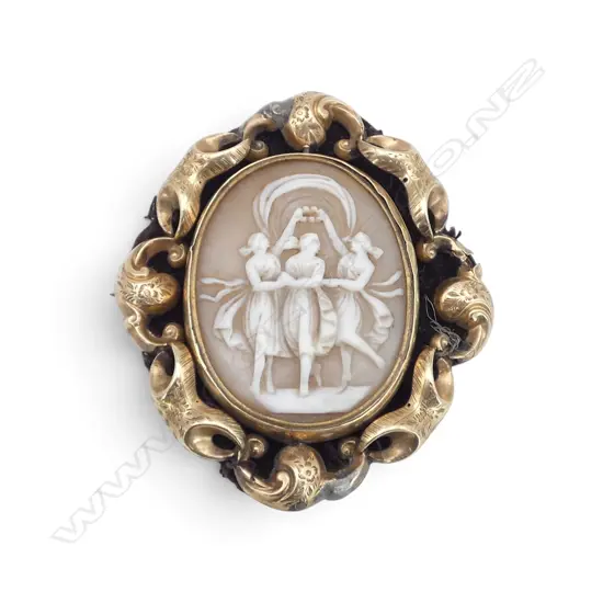 9ct ANTIQUE CAMEO BROOCH of the three graces, old repairs of lead H.65mm AF (tested as 9ct)