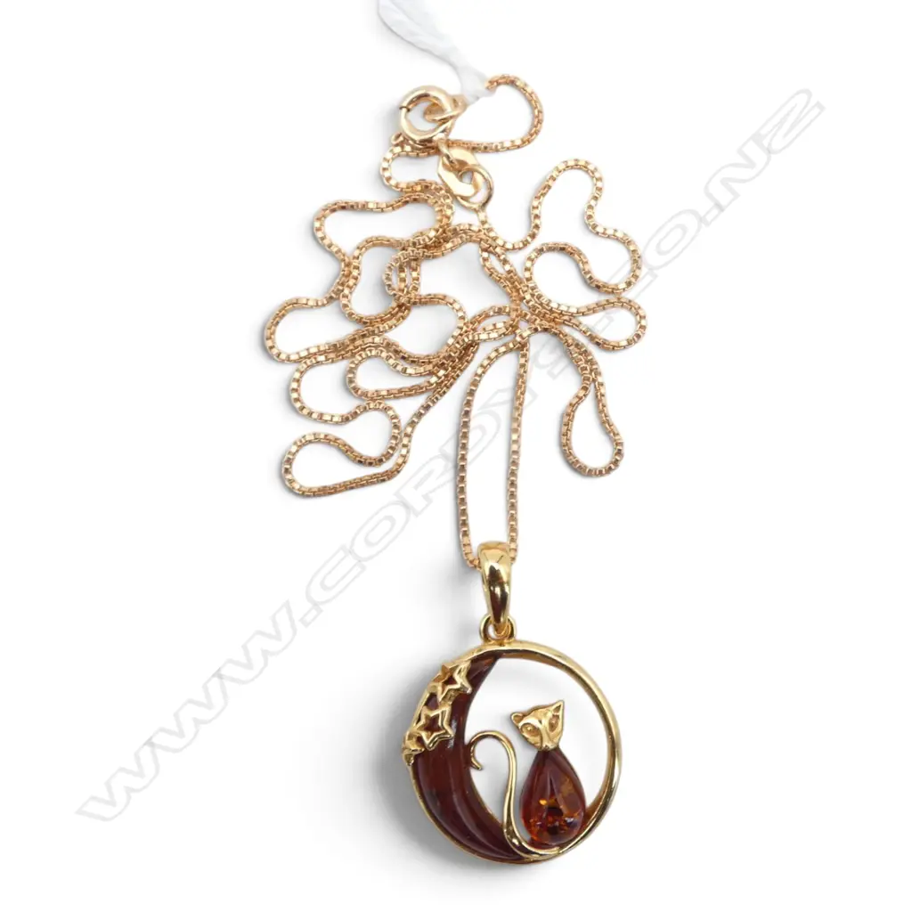 SILVER GILT & AMBER CAT NECKLACE, L.46mm Image 1++