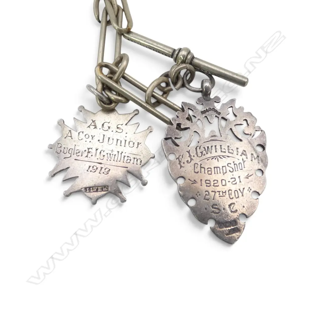 'MEXICAN SILVER' FOB CHAIN with stg silver MEDALLIONS 1 w gold mounts. 34gms Image 1++