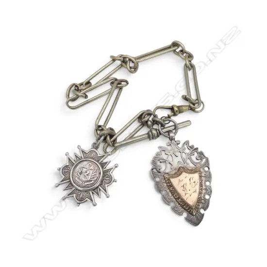'MEXICAN SILVER' FOB CHAIN with stg silver MEDALLIONS 1 w gold mounts. 34gms