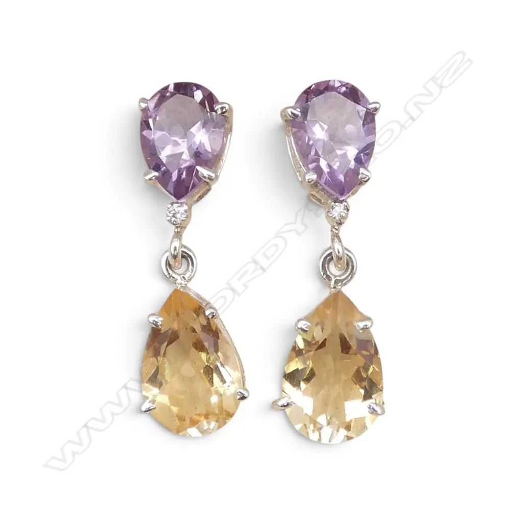SILVER, DIAMOND, CITRINE & AMETHYST EARRINGS Image 1++