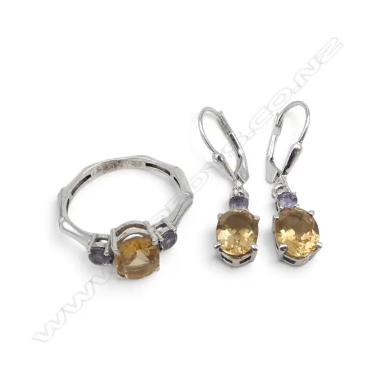 SILVER TANZANTE & CITRINE RING & EARRING SET, SZ.P