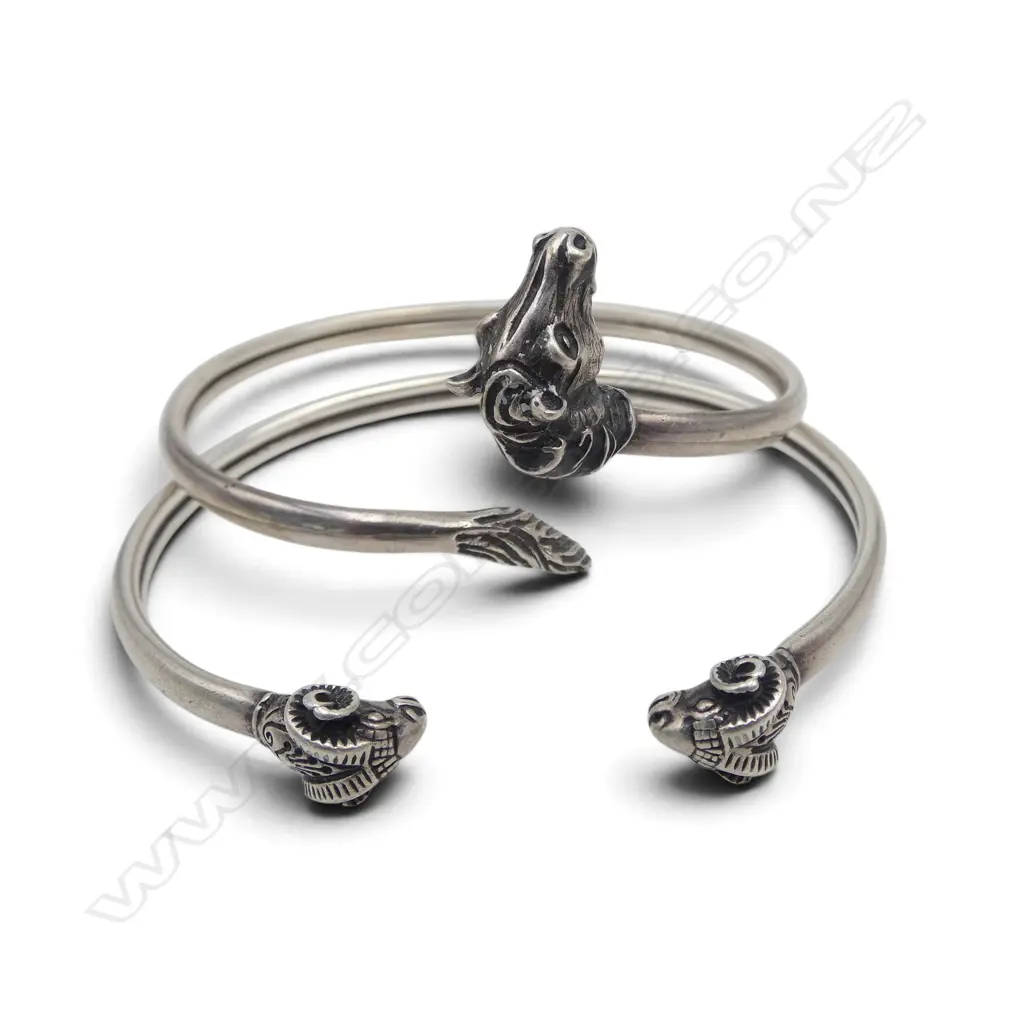 2 STG SILVER BRACELETS, HORSE & DOUBLE RAMS HEAD, stamped 925 Image 1++