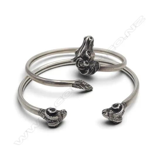 2 STG SILVER BRACELETS, HORSE & DOUBLE RAMS HEAD, stamped 925