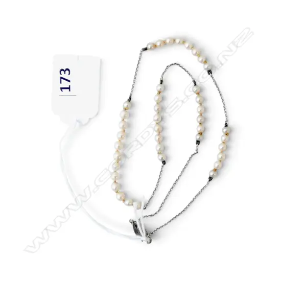 PLATINUM & PEARL NECKLACE w. 9ct CLASP 6.7gms