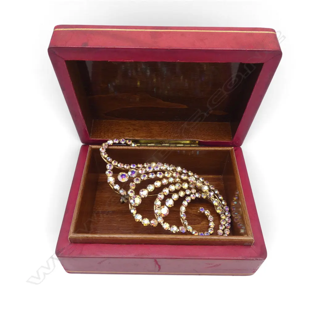 1950’s Extra Large French Feather Costume Brooch w. Leather Jewellery Box, L.100mm (brooch), L.105mm (box) Image 1++