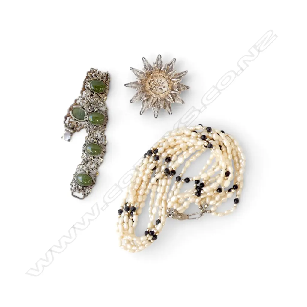 F/W PEARL MULTI-STRAND NECKLACE, STG SILVER FLORAL BROOCH & METAL BRACELET Image 1++