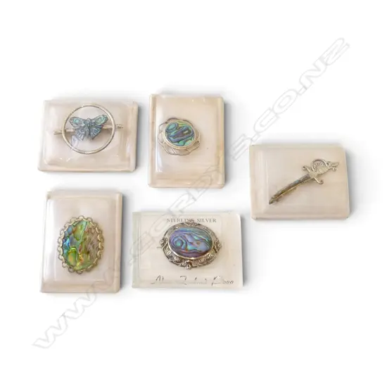 5 N.Z. VINTAGE STG SILVER & PAUA BROOCHES  in original boxes