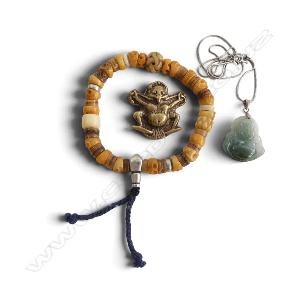 3 PCES JEWELLERY; BEAD BRACELET, BRONZE PENDANT, JADE BUDHA PENDANT ON 925 CHAIN Image 1++