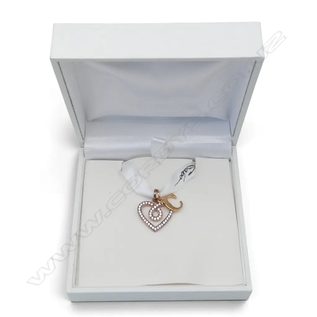2 THOMAS SABO GOLD PLATED CHARMS; HEART w CUBIC ZIRCONIAS & LETTER 'C' Image 1++