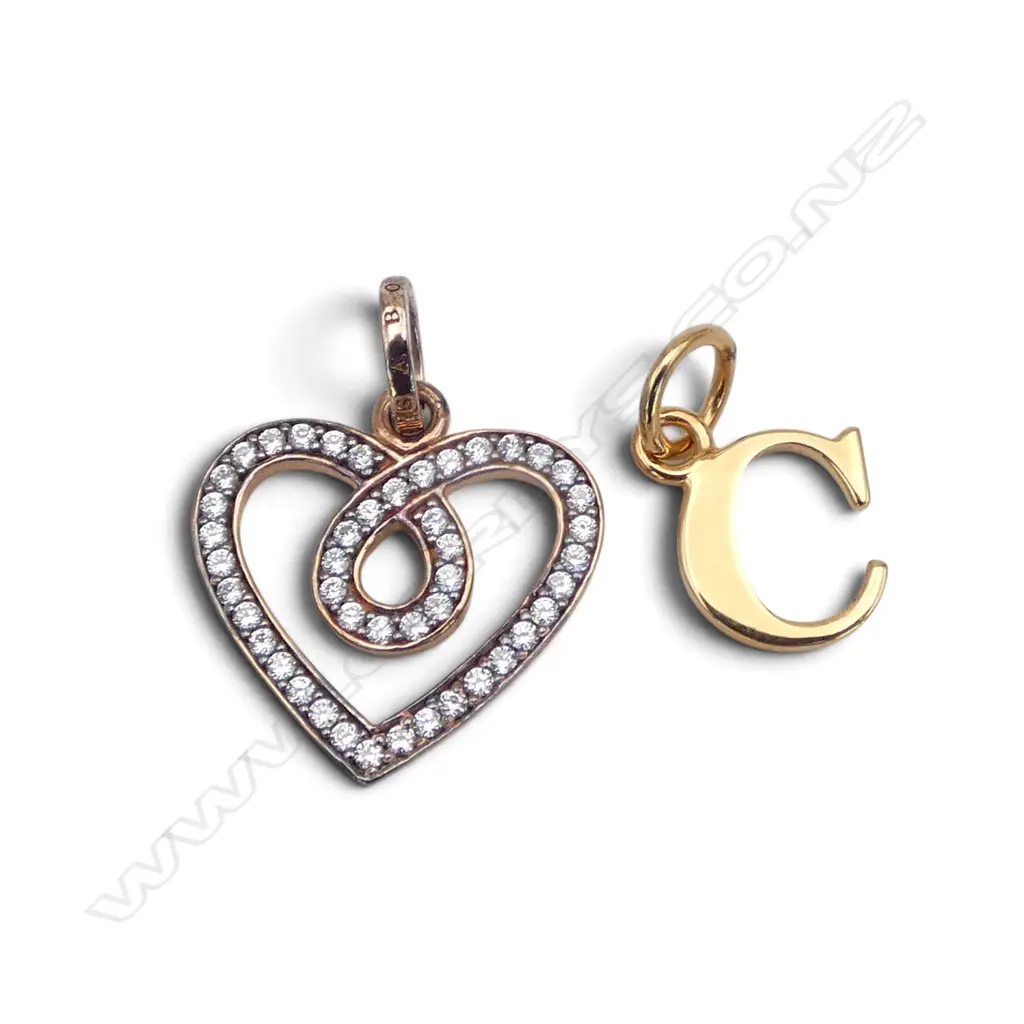 2 THOMAS SABO GOLD PLATED CHARMS; HEART w CUBIC ZIRCONIAS & LETTER 'C' Image 1++