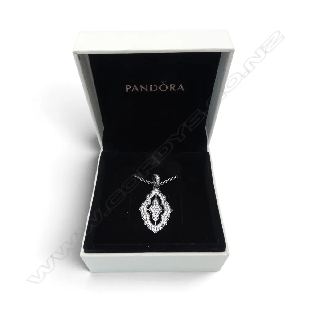 PANDORA LONG SILVER CHAIN & CUBIC ZIRCONIA PENDANT. L.600mm can be extended Image 1++